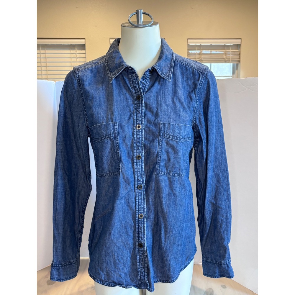 Eileen Fisher Petite Medium Blue Tencel Cotton Denim Button Down Shirt R3LCZ-3